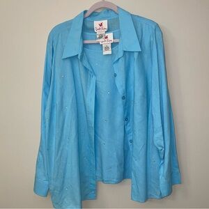 Quacker Factory Linen Twinset Size 2X Blouse & Tank Set Blue Vintage